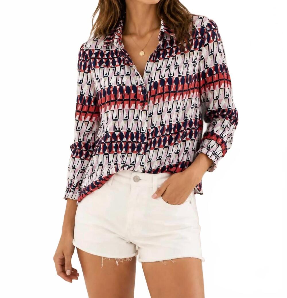NEW BRAX vic geometric print long-sleeve button-down shirt in navy